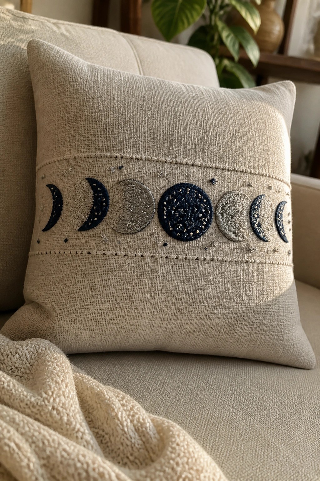 A beige fabric pillow with a horizontal embroidered row of moon phases in dark blue and light threads.