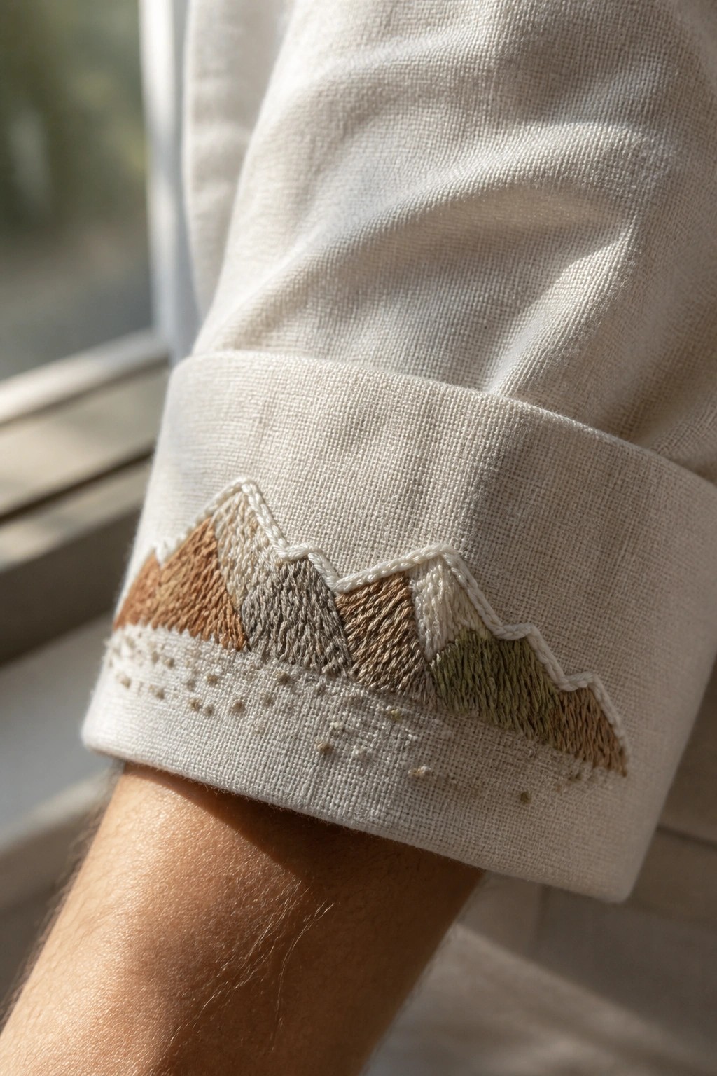 Embroidered mountains in earth tones decorate the rolled cuff of a light-colored shirt sleeve.