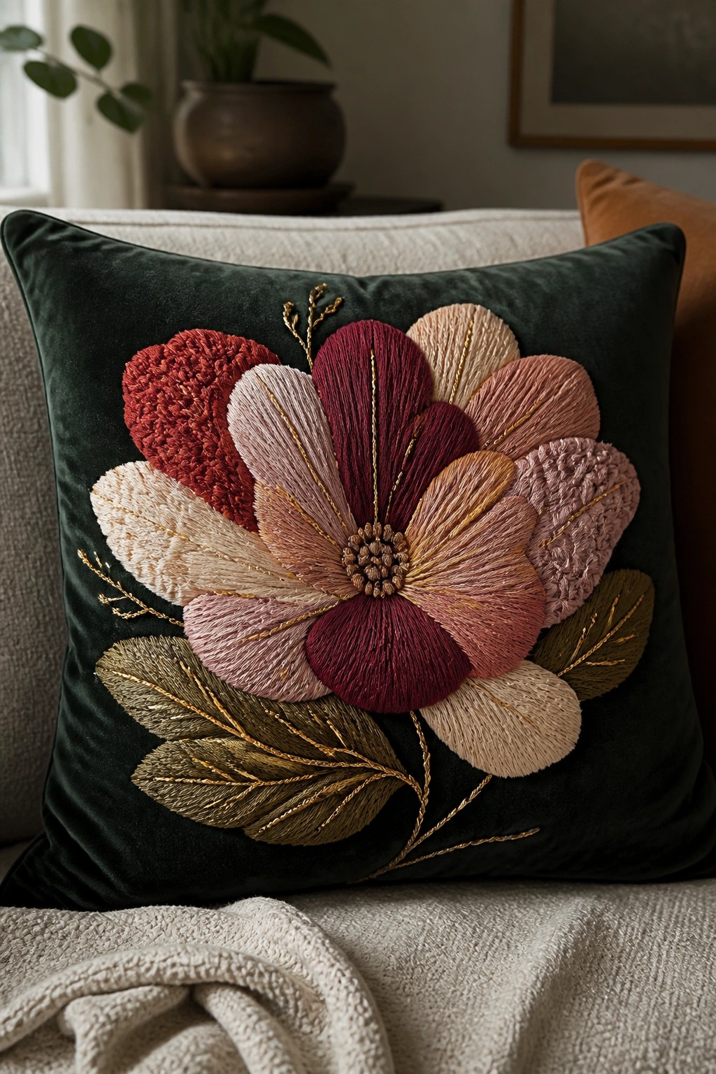 A dark green velvet pillow featuring a large embroidered flower with red, pink, and beige petals plus gold accents on a couch.