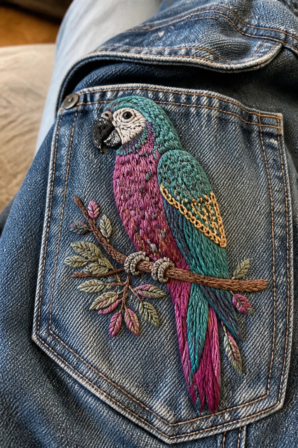 A colorful embroidered parrot on a branch sits on the back pocket of blue denim jeans.