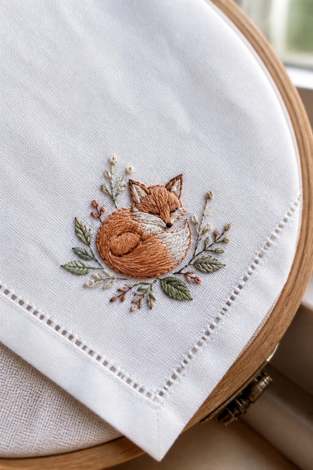 Embroidered sleeping fox with floral leaves on white fabric in wooden hoop