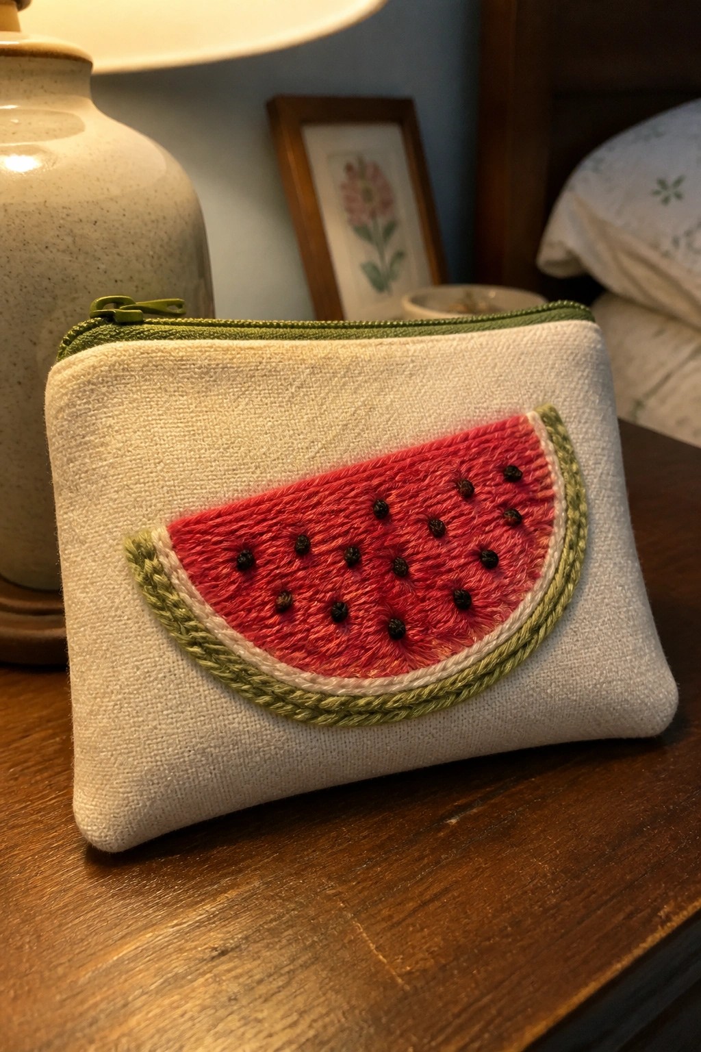 White canvas pouch with embroidered red watermelon slice and green zipper