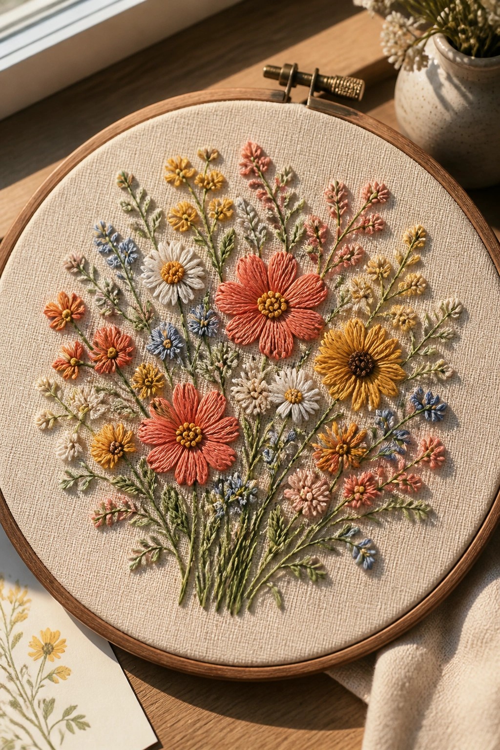 Embroidery hoop with colorful wildflowers in orange, yellow, pink, and blue threads