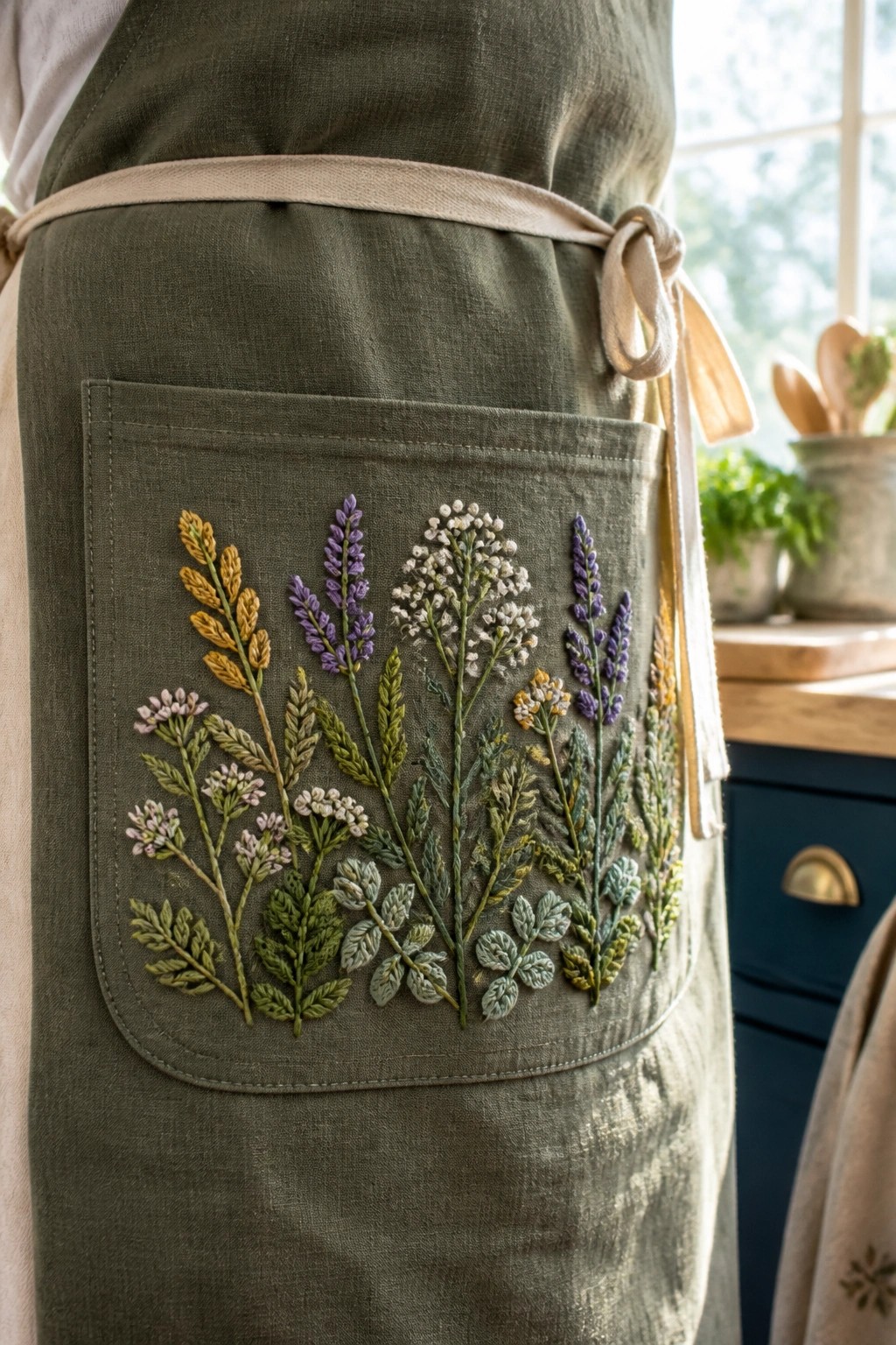 Green apron with a pocket embroidered in purple, yellow, and green wildflower stems.