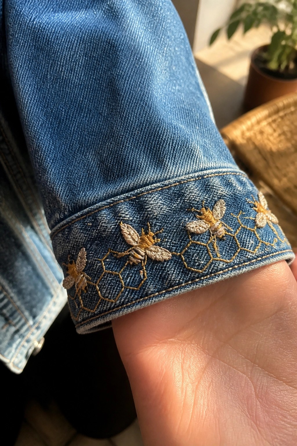 Denim jacket cuff with embroidered bees and golden honeycomb patterns on wrist