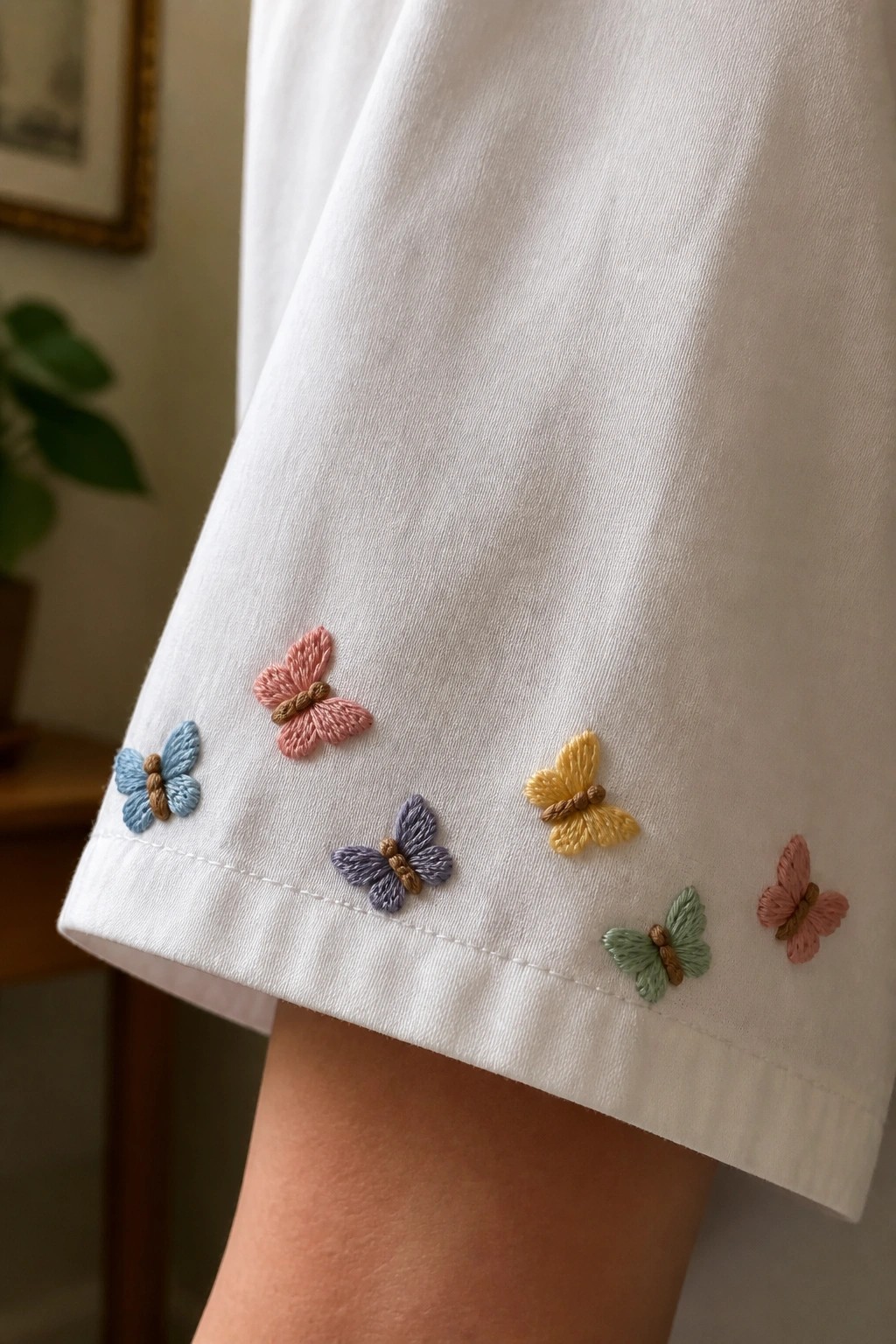 White sleeve cuff with pastel pink, blue, purple, yellow and green butterfly embroidery