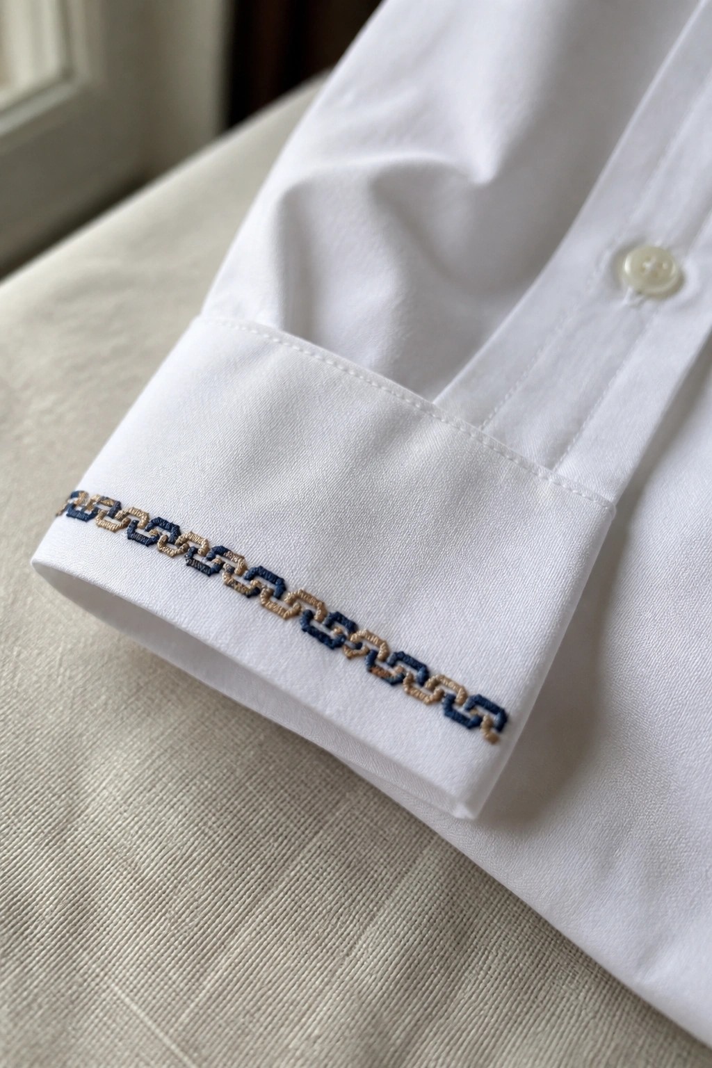 Close-up of a white shirt cuff with blue and beige chain-link embroidery along the folded edge.