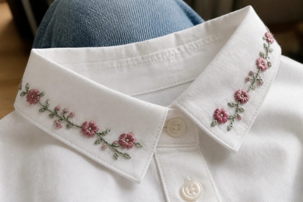 White shirt collar with pink floral embroidery, green leaves, and white buttons on denim.