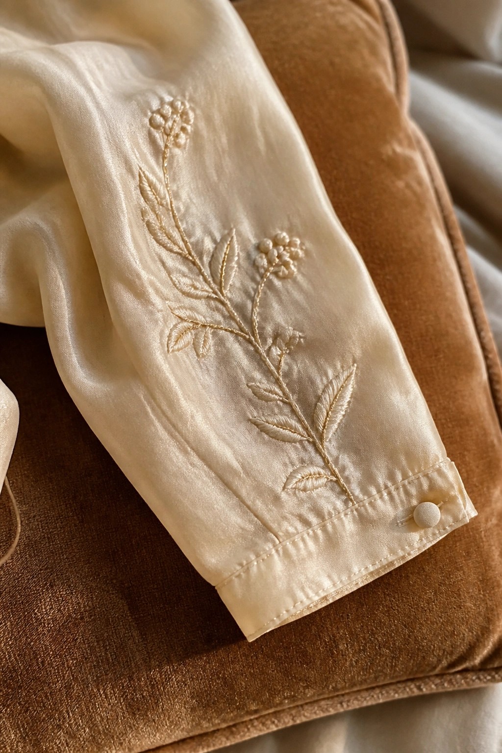 Cream satin sleeve with embroidered floral branches and a button cuff on brown velvet.