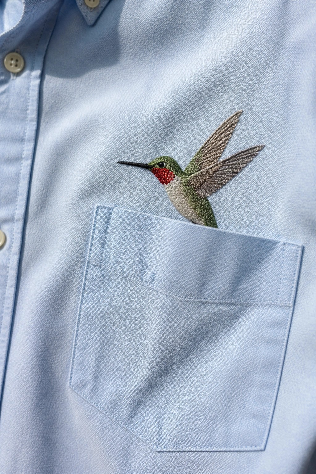 Light blue button-down shirt with embroidered hummingbird on chest pocket