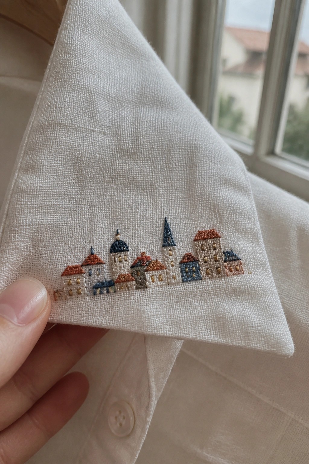 A white shirt collar with embroidery showing a row of small buildings.