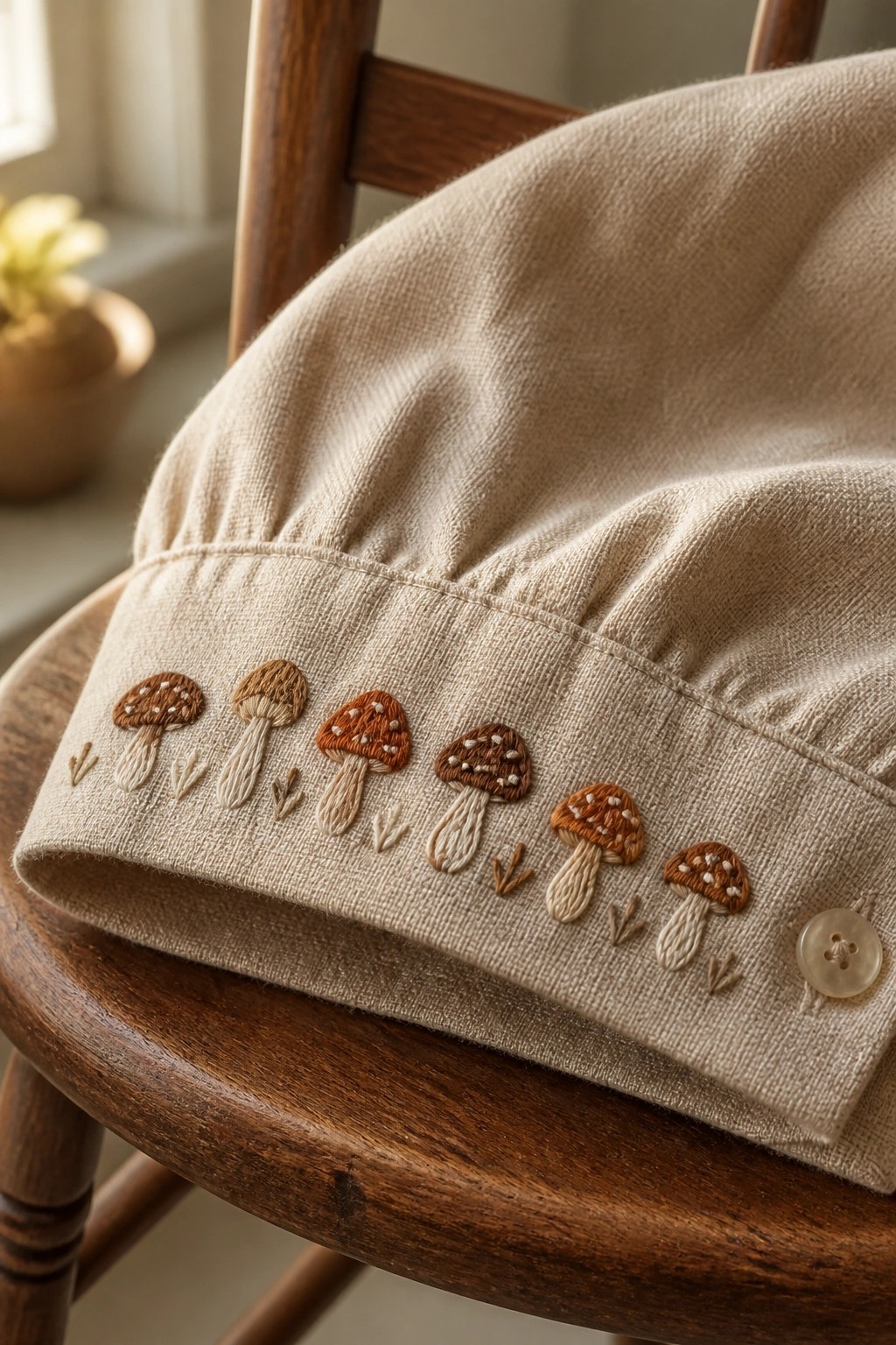 Beige fabric cuff embroidered with row of brown mushrooms on wooden chair