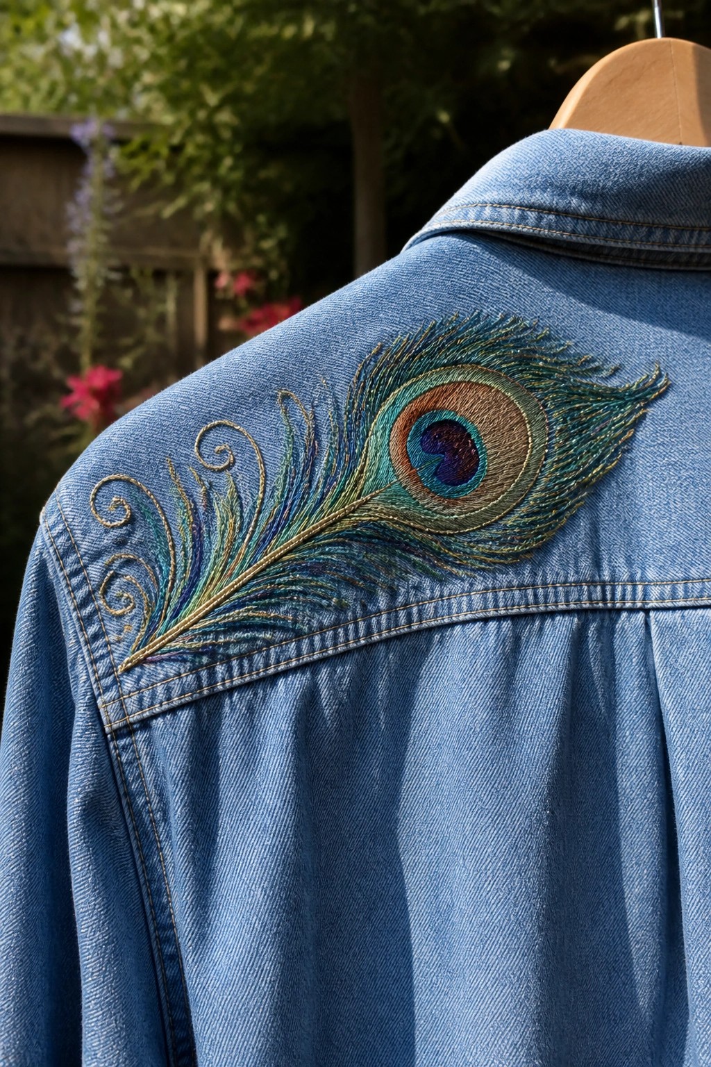 Blue denim jacket with vibrant peacock feather embroidery on the shoulder