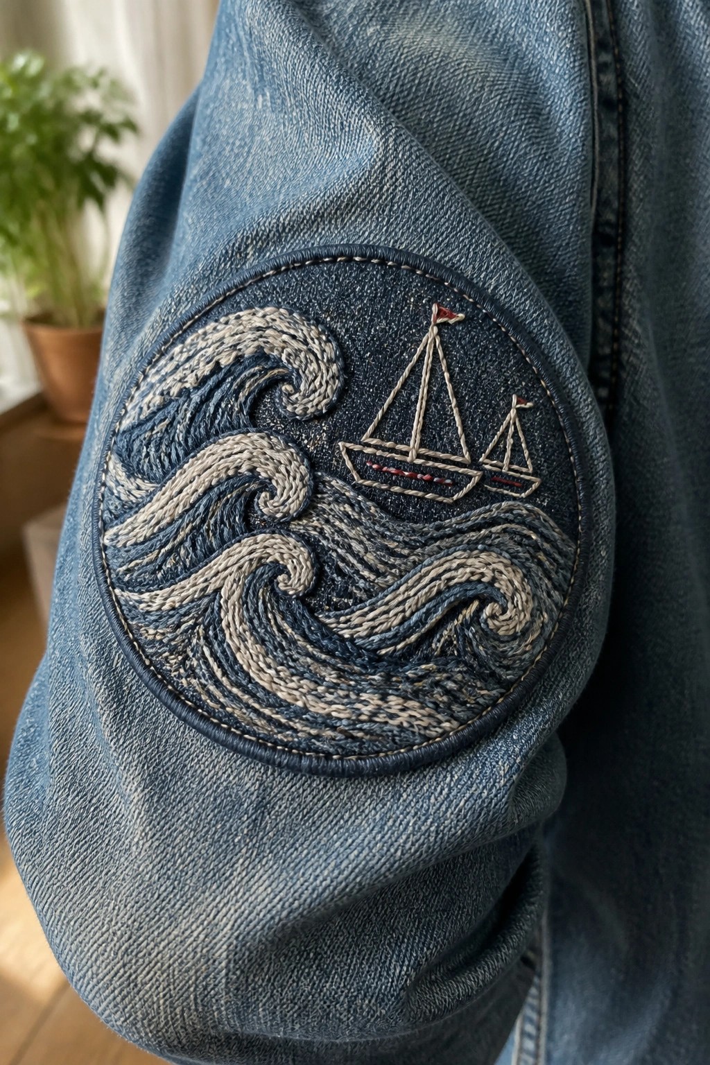 Circular embroidered patch on denim jacket sleeve with blue and gray waves and two sailboats.