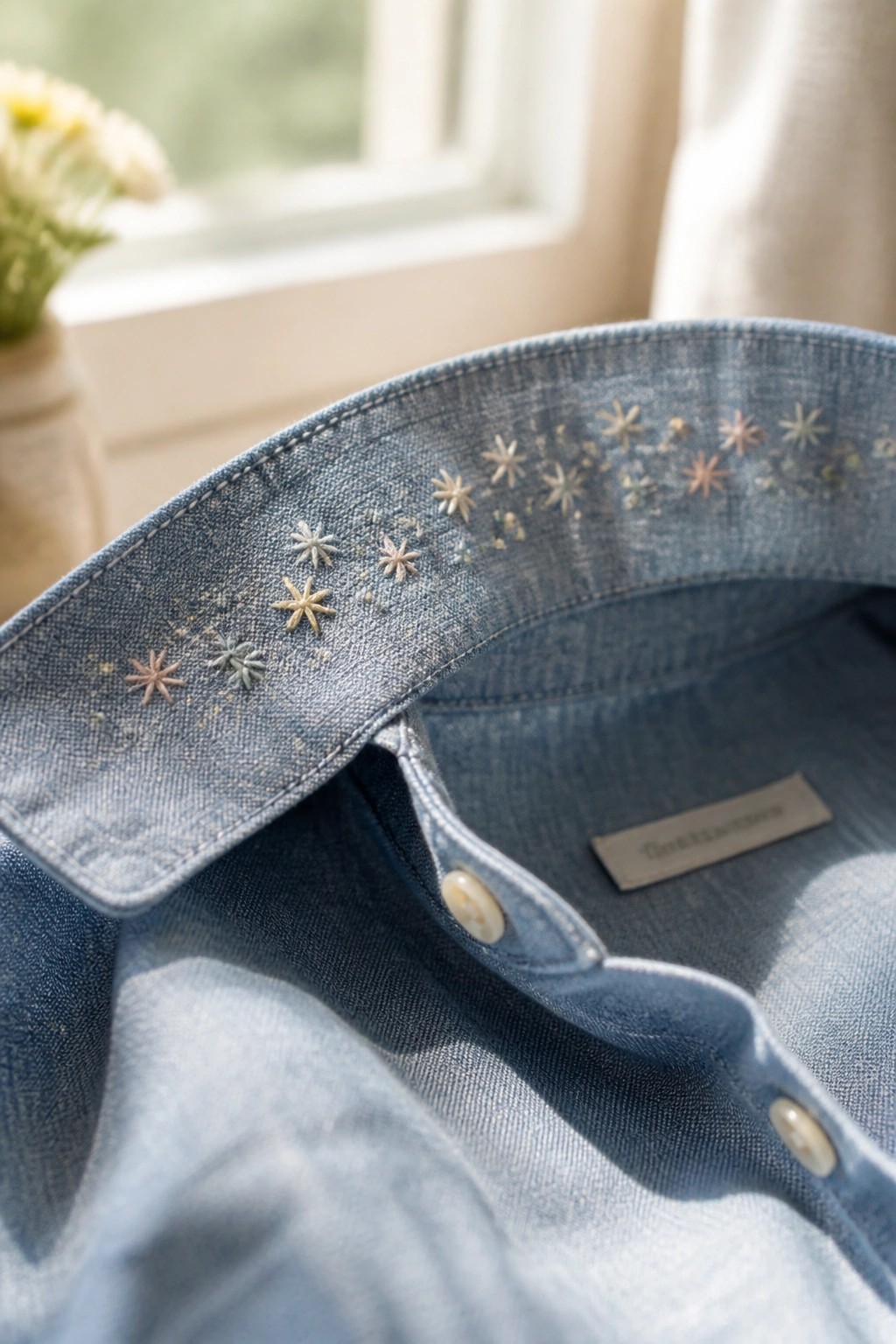 Denim shirt collar with small embroidered stars in neutral colors along the edge.