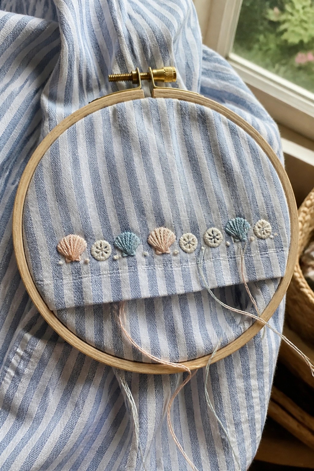 Wooden hoop with blue striped fabric and pastel seashell embroidery stitches