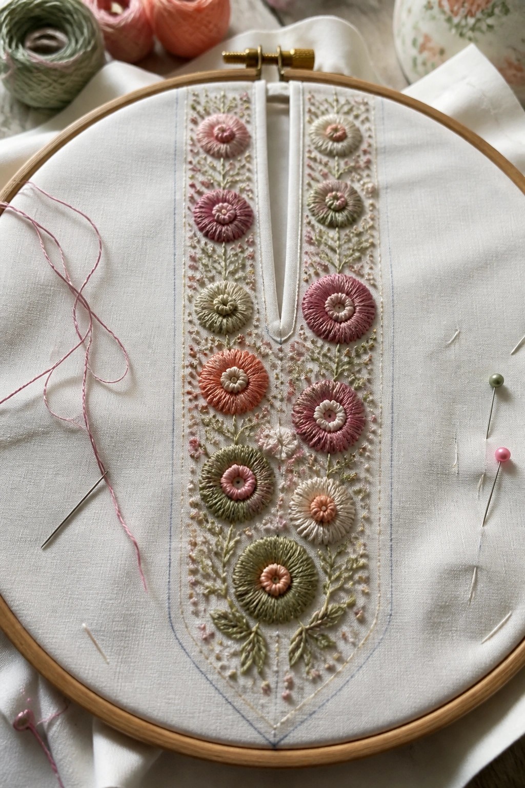 White fabric in a hoop showing two vertical columns of pink and green flowers stitched on either side of a central slit, with leaves forming a V at the bottom.