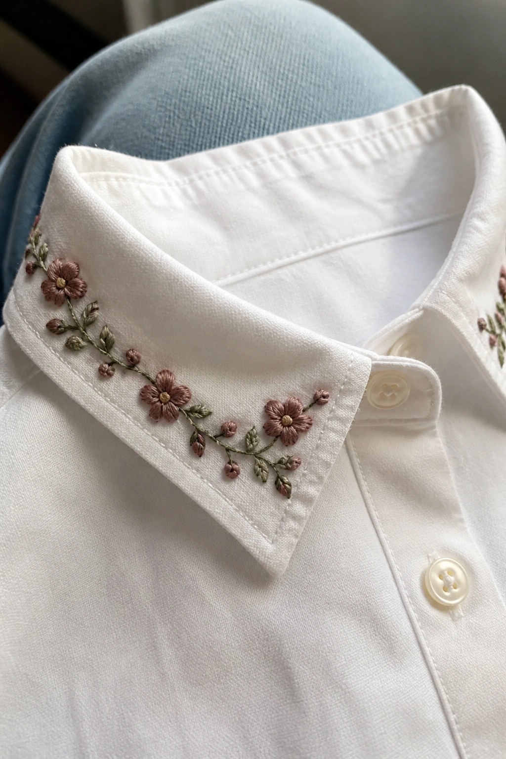 White shirt collar with pink floral embroidery, green leaves, and white buttons on denim.