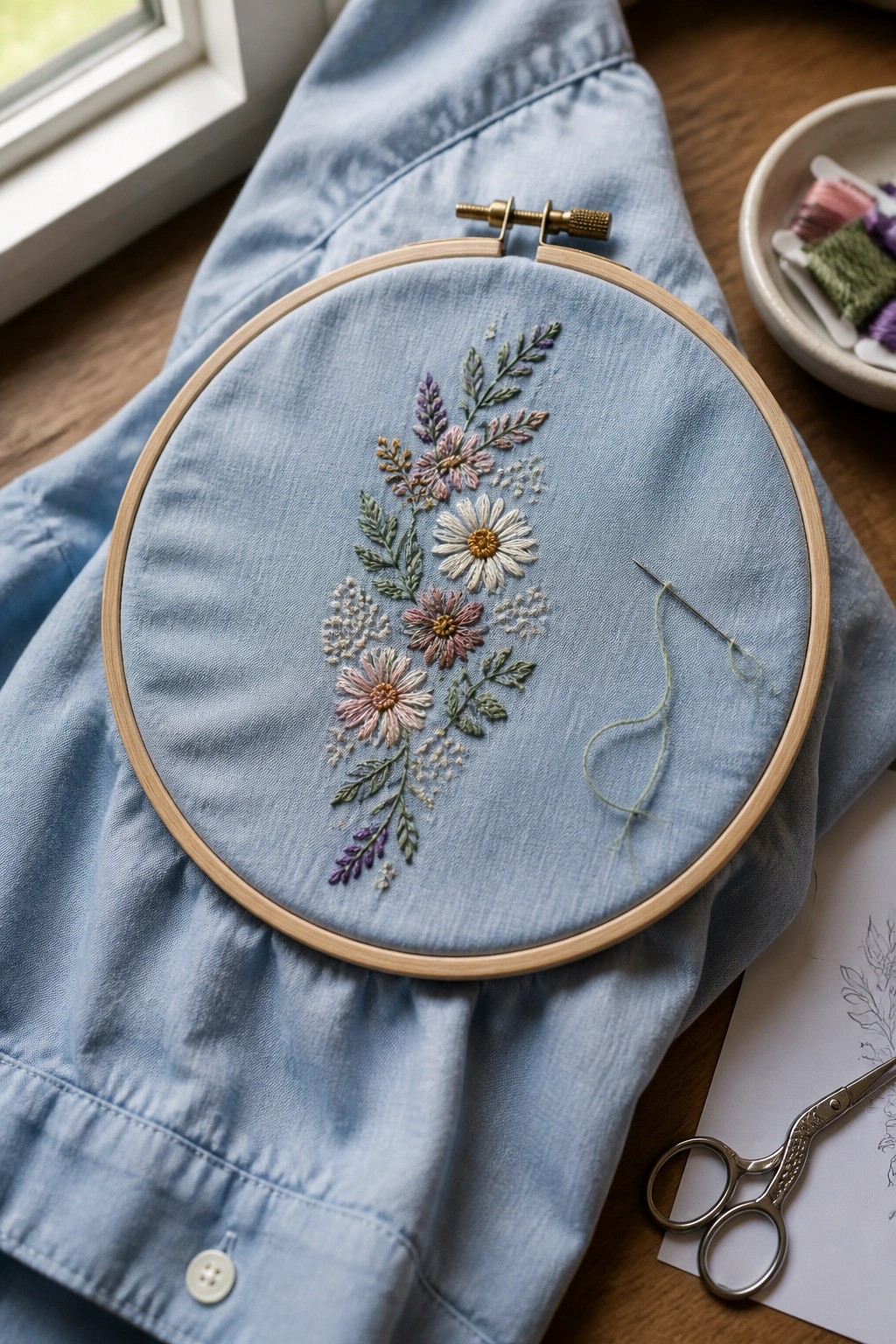 Embroidery hoop holding a vertical floral design on light blue denim fabric with needle, thread, scissors, and pattern paper nearby.