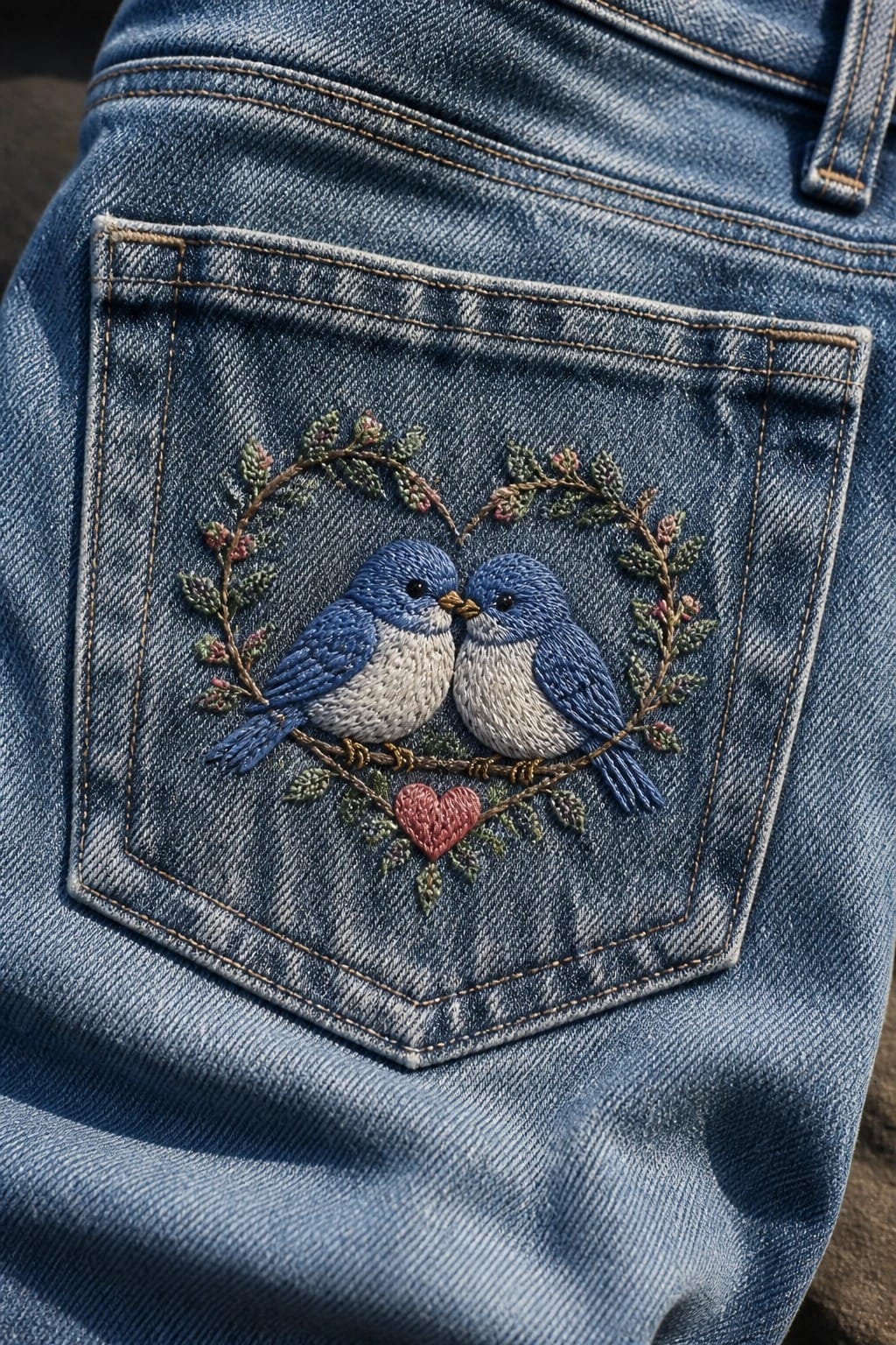 Embroidered blue birds on a denim jeans pocket with a leafy heart wreath and red heart.