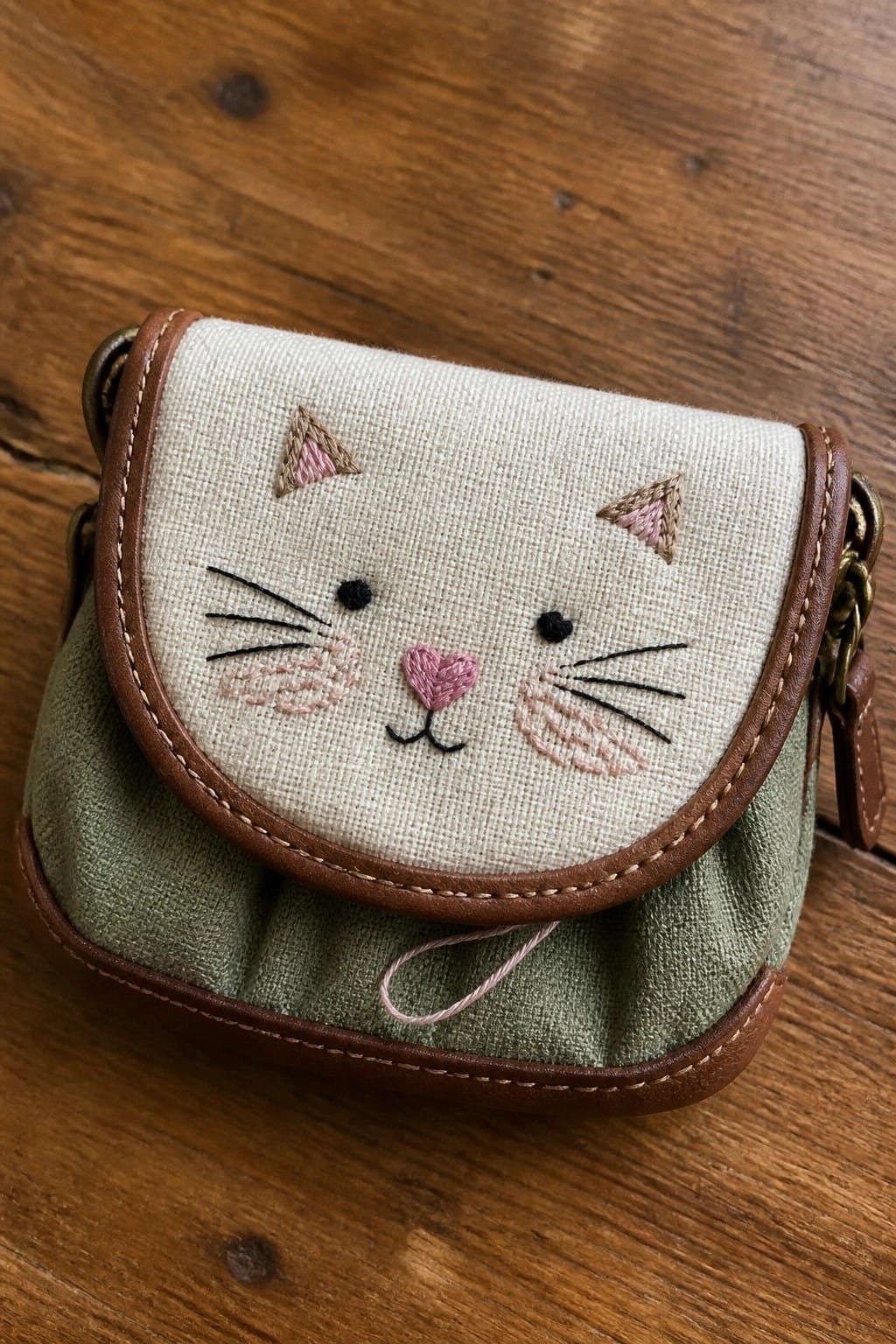 Small green pouch with embroidered cat face on wooden surface