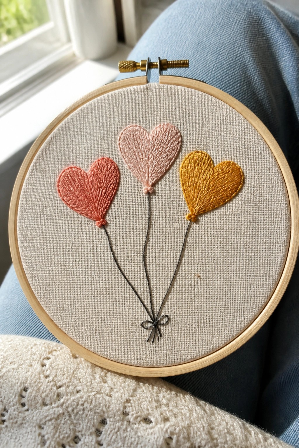 Embroidery hoop on lap with white cloud and colorful raining hearts on beige fabric.