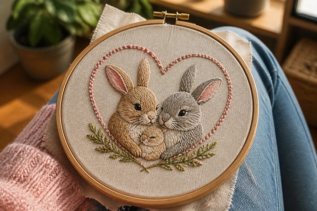 24 Heartwarming Cute Embroidery Gift Ideas for Friends, Family, and Handmade Keepsakes Embroidery hoop with two adult rabbits and one baby rabbit inside a heart outline and flowers at the bottom.