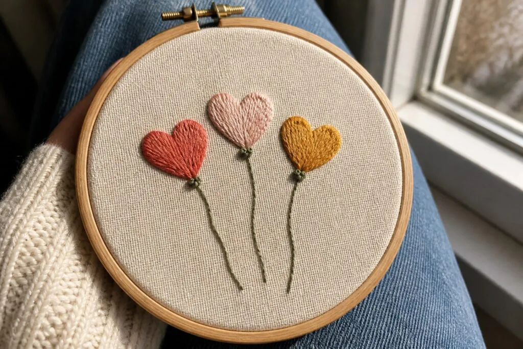 Embroidery hoop on lap with white cloud and colorful raining hearts on beige fabric.