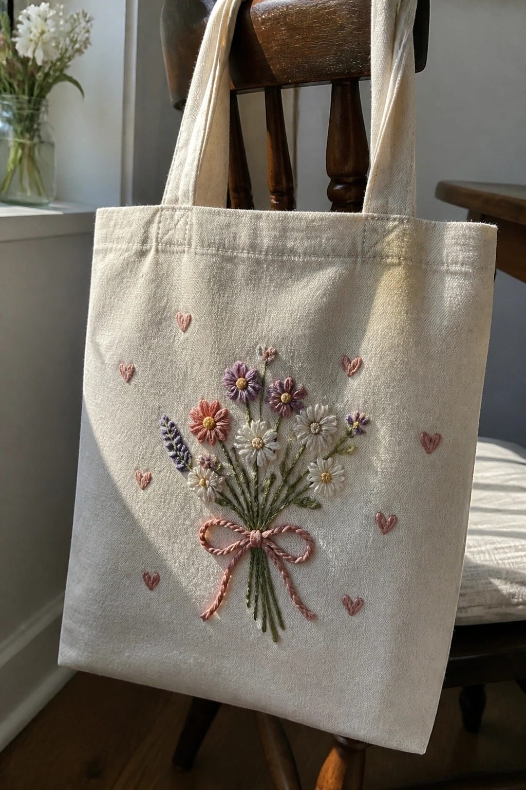 Cream tote bag embroidered with flower bouquet, pink bow, and scattered hearts