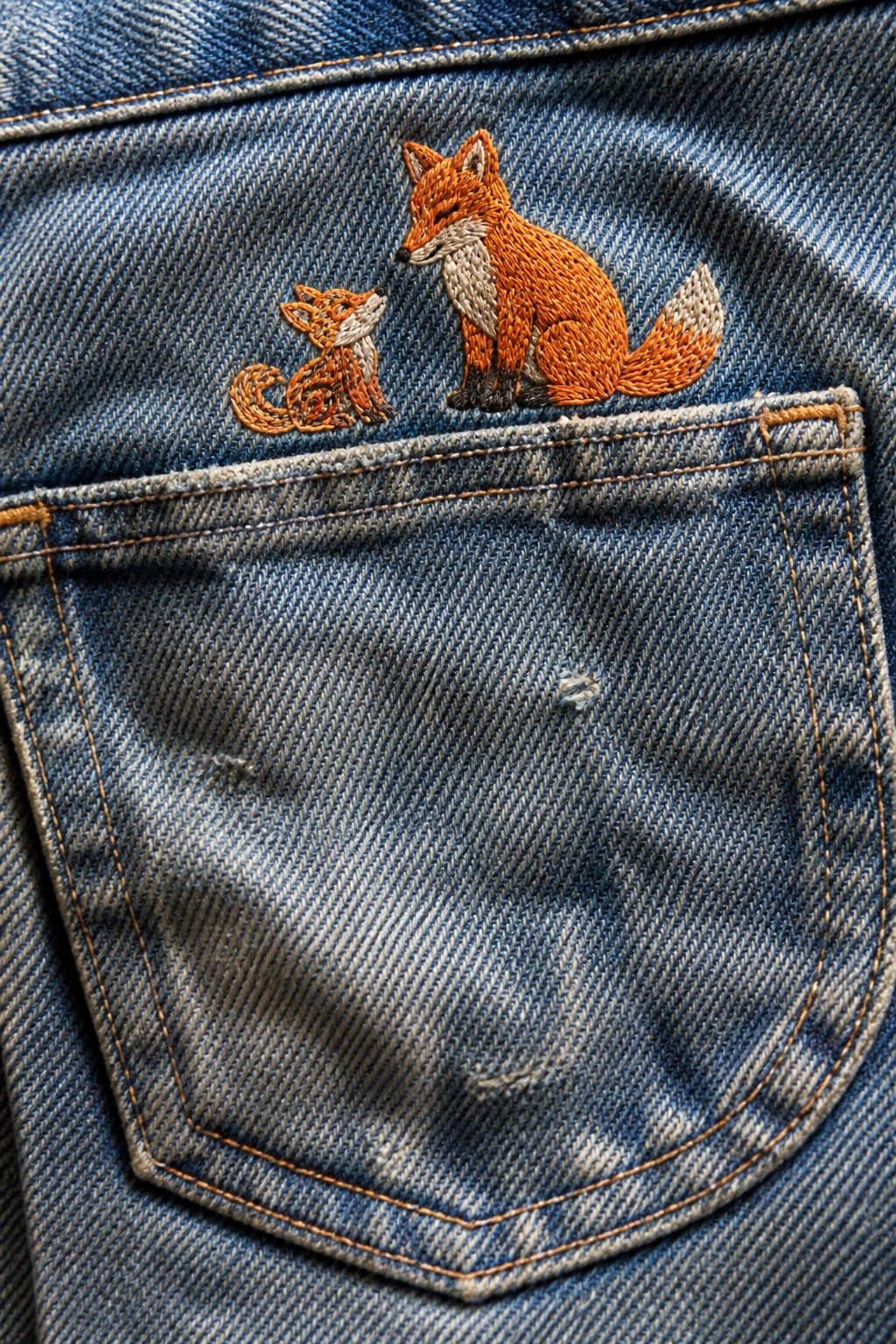 Close-up of an orange and white embroidered fox face on the back pocket of blue denim jeans.