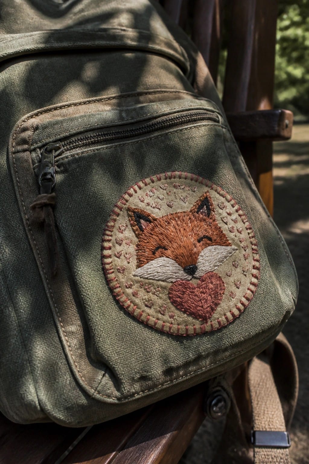 Green canvas backpack with embroidered fox holding heart on circular patch.