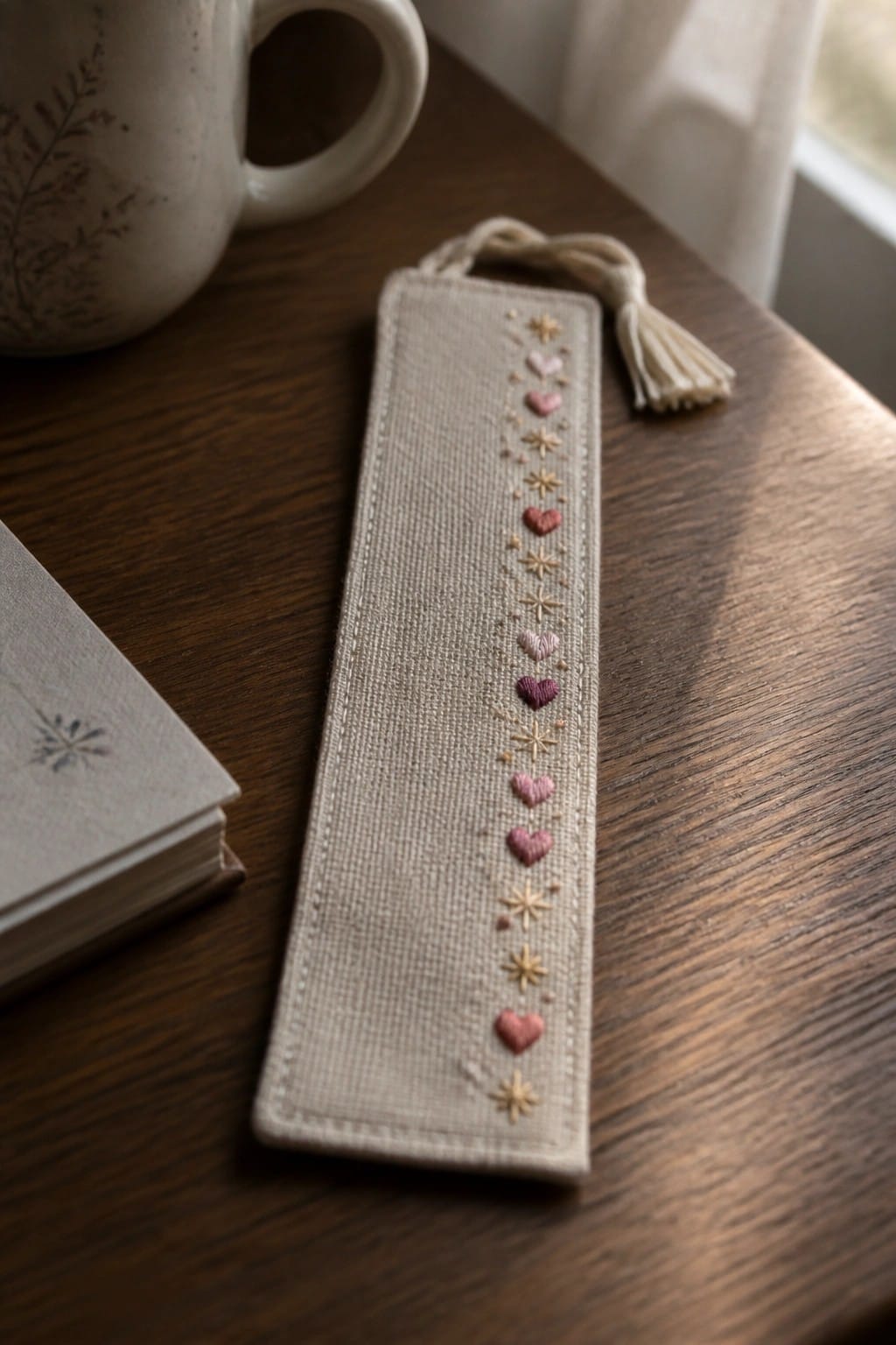 A narrow beige fabric bookmark with a vertical row of embroidered pink hearts and beige stars lies on a wooden table next to a ceramic mug and a book.