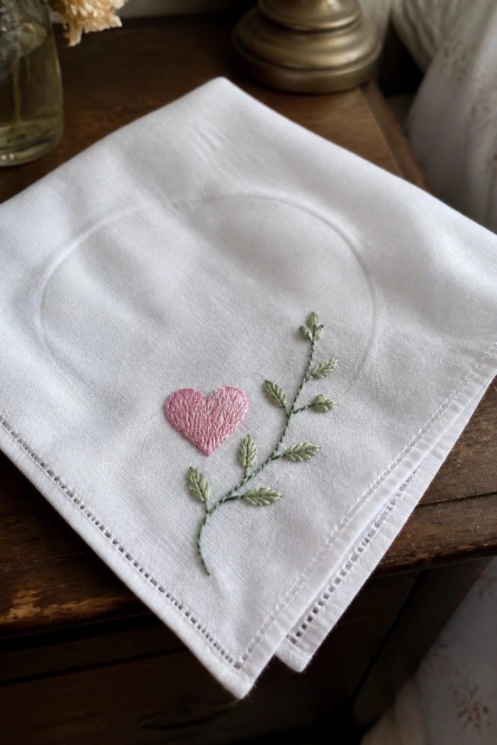 White handkerchief embroidered with pink heart and green leafy vine on wooden table