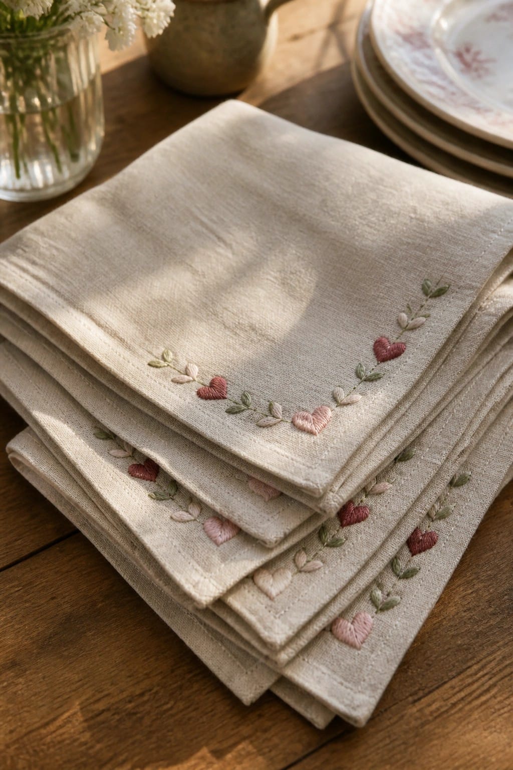 A stack of beige linen napkins with pink hearts and green leafy vines embroidered along the borders.