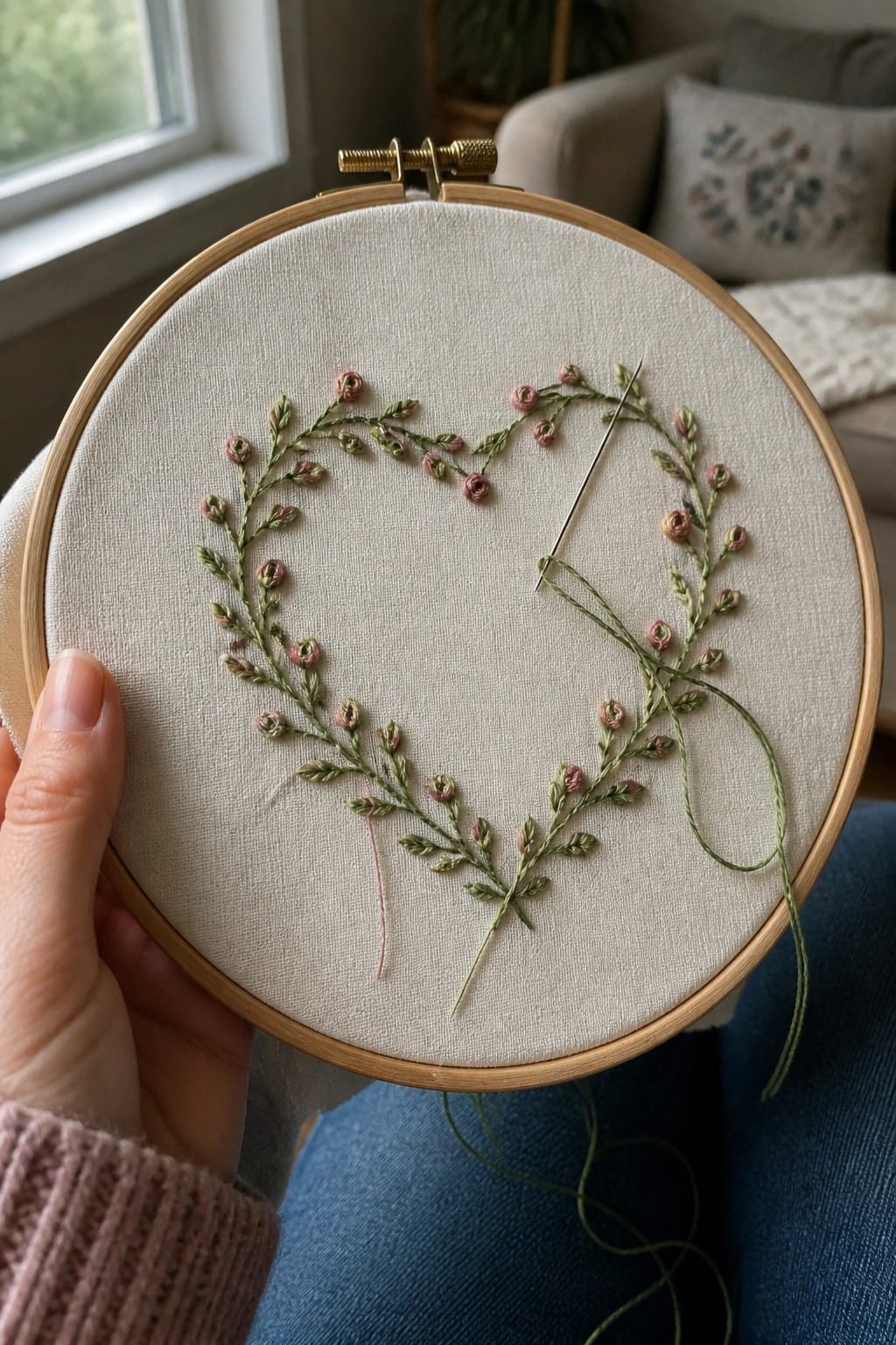 Hand holding hoop with pink-green heart wreath embroidery on white fabric