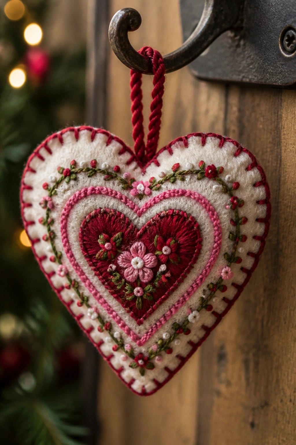 A layered heart-shaped felt ornament in white, pink, and red with floral embroidery hangs from a red cord on a metal hook.