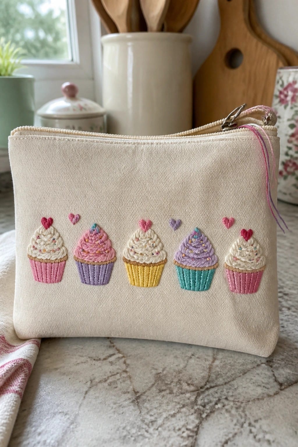 A beige zippered pouch with five embroidered cupcakes in different colors lined up on the front.