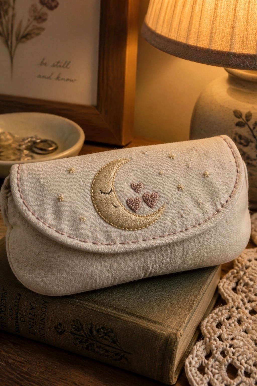 Embroidered beige pouch with moon and hearts atop vintage book in warm lamplight