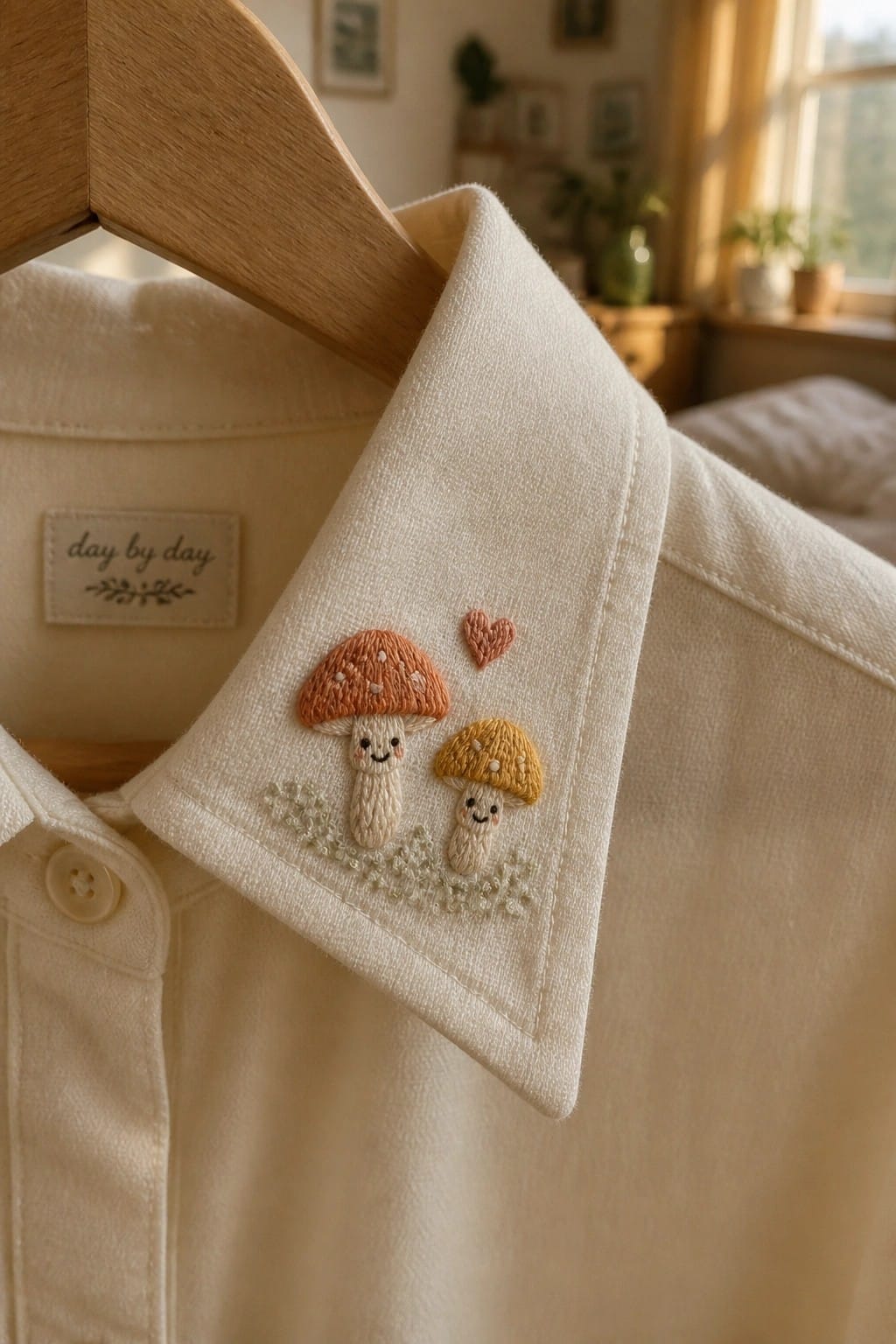 Close-up of a cream shirt collar with two embroidered smiling mushrooms, a small heart, and green stitches below.