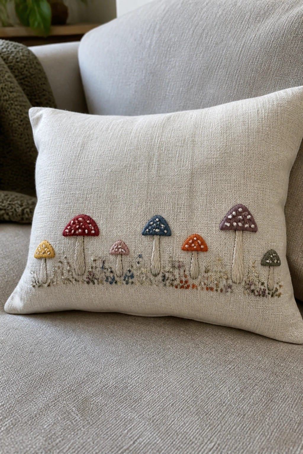 A woven basket has a fabric patch embroidered with an owl on a crescent moon and stars.