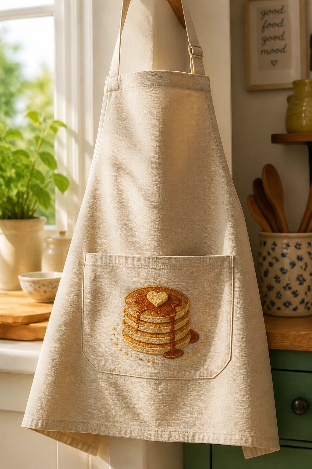 Beige apron with embroidered pancakes, syrup, and heart butter on pocket.