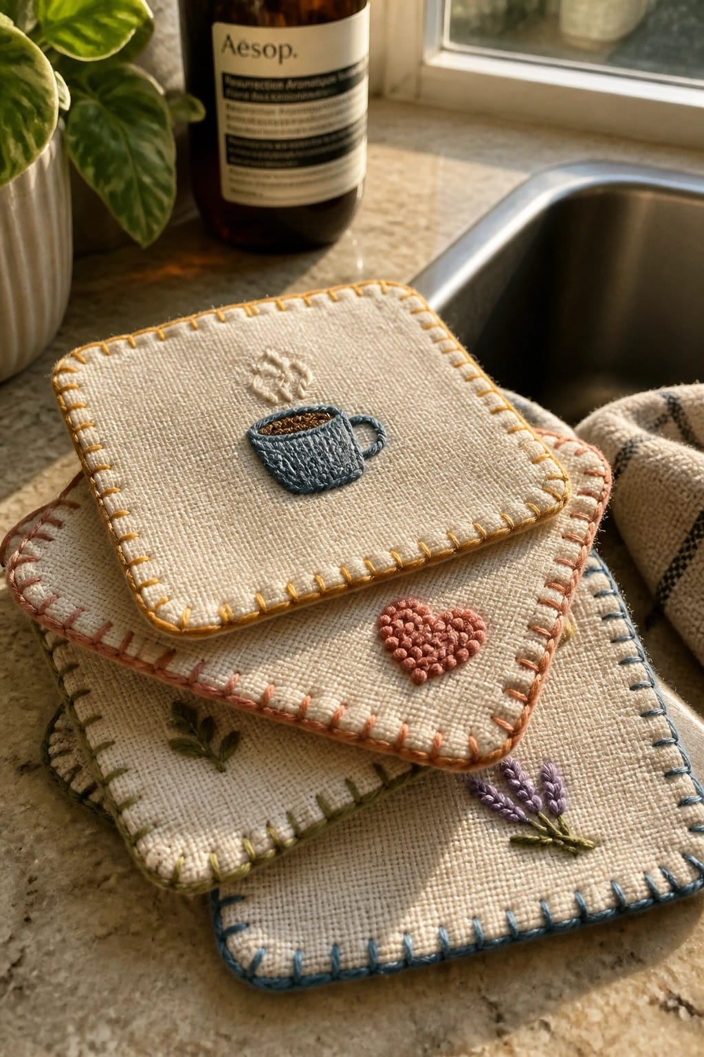 Embroidered cream pouch with green plant in terracotta pot on wooden table