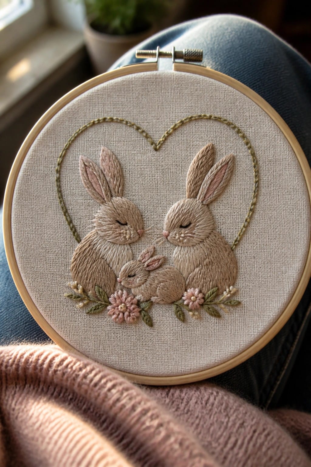 Embroidery hoop with two adult rabbits and one baby rabbit inside a heart outline and flowers at the bottom.