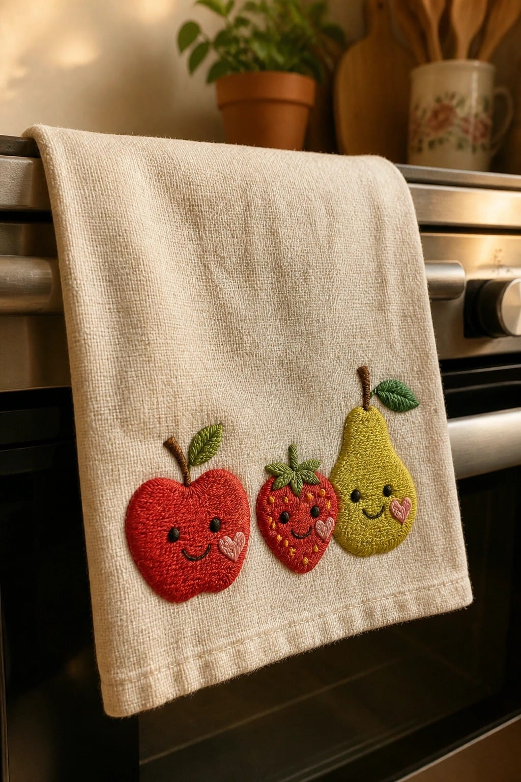 Kitchen towel embroidered with cute apple, strawberry, and pear on oven handle.