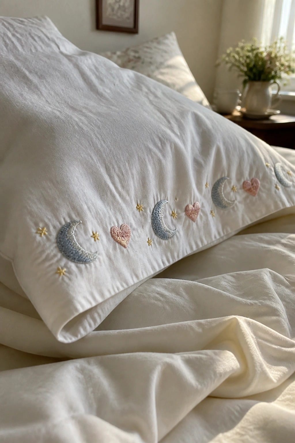 Close-up of white fabric with embroidered blue moons, pink hearts, and yellow stars along the folded edge.
