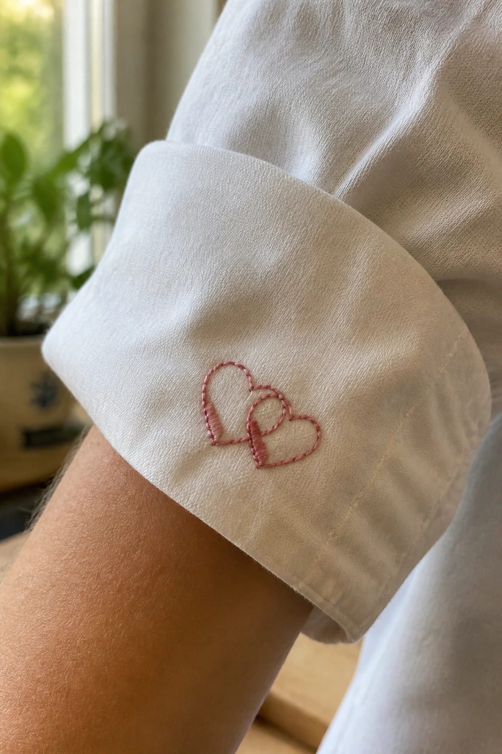 White towel embroidered with floral teacup and heart-shaped steam on counter
