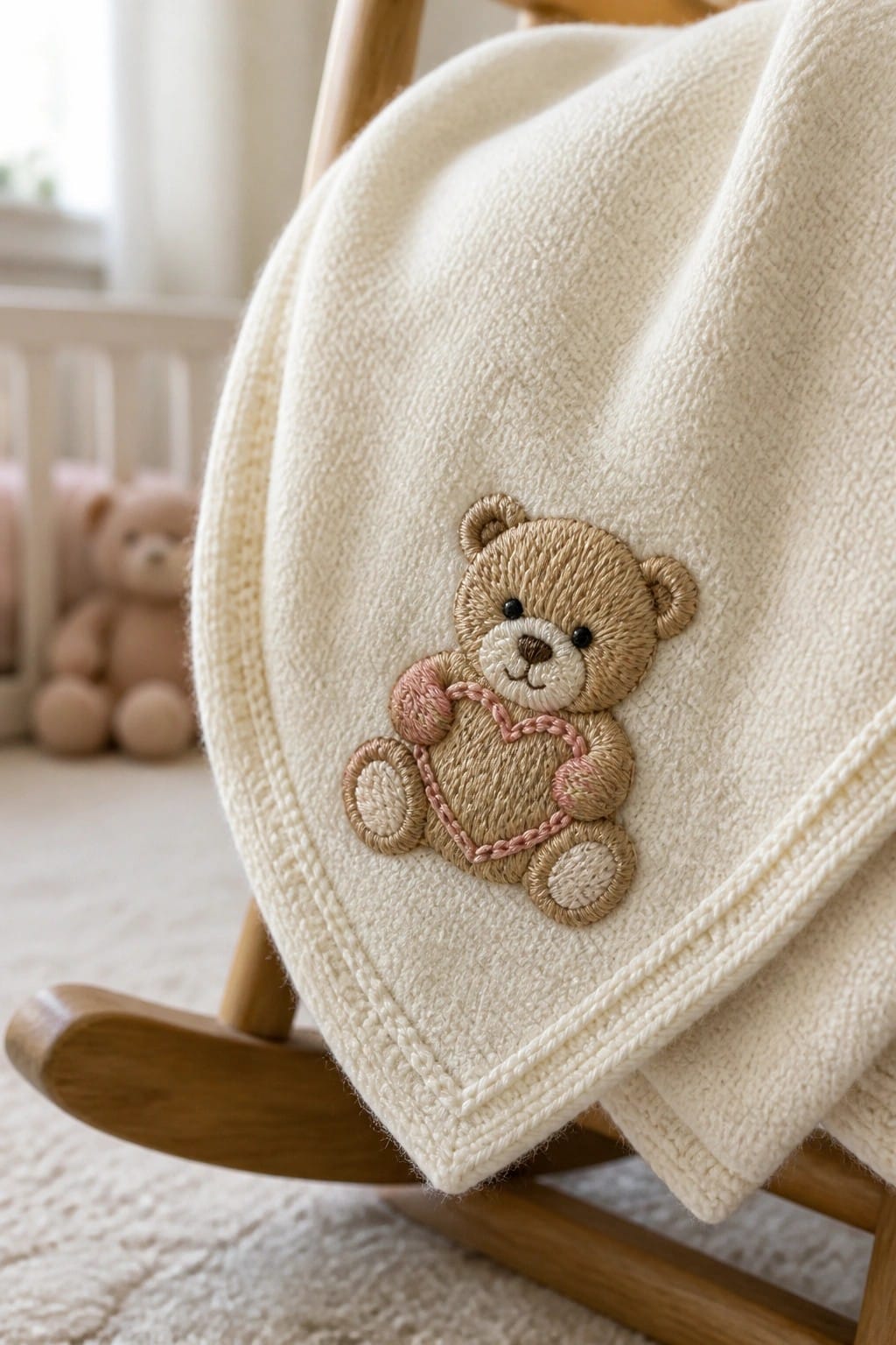 Cream fleece blanket with embroidered teddy bear on wooden rocking chair.