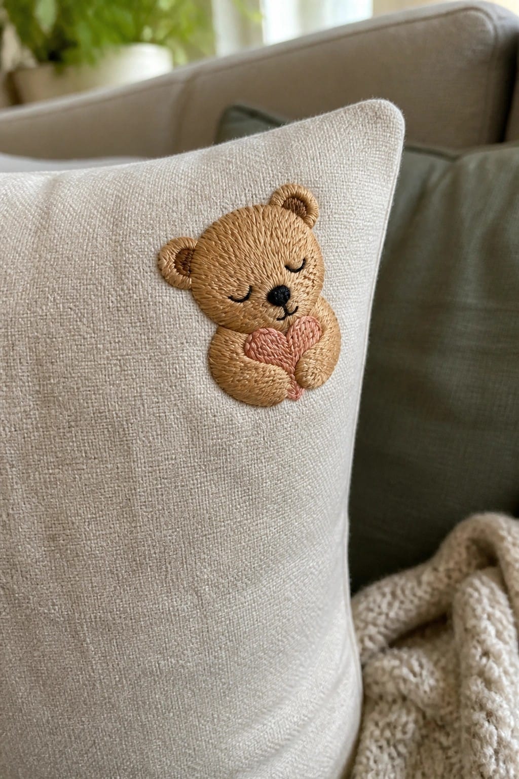 Light beige pillow embroidered with sleeping teddy bear holding pink heart