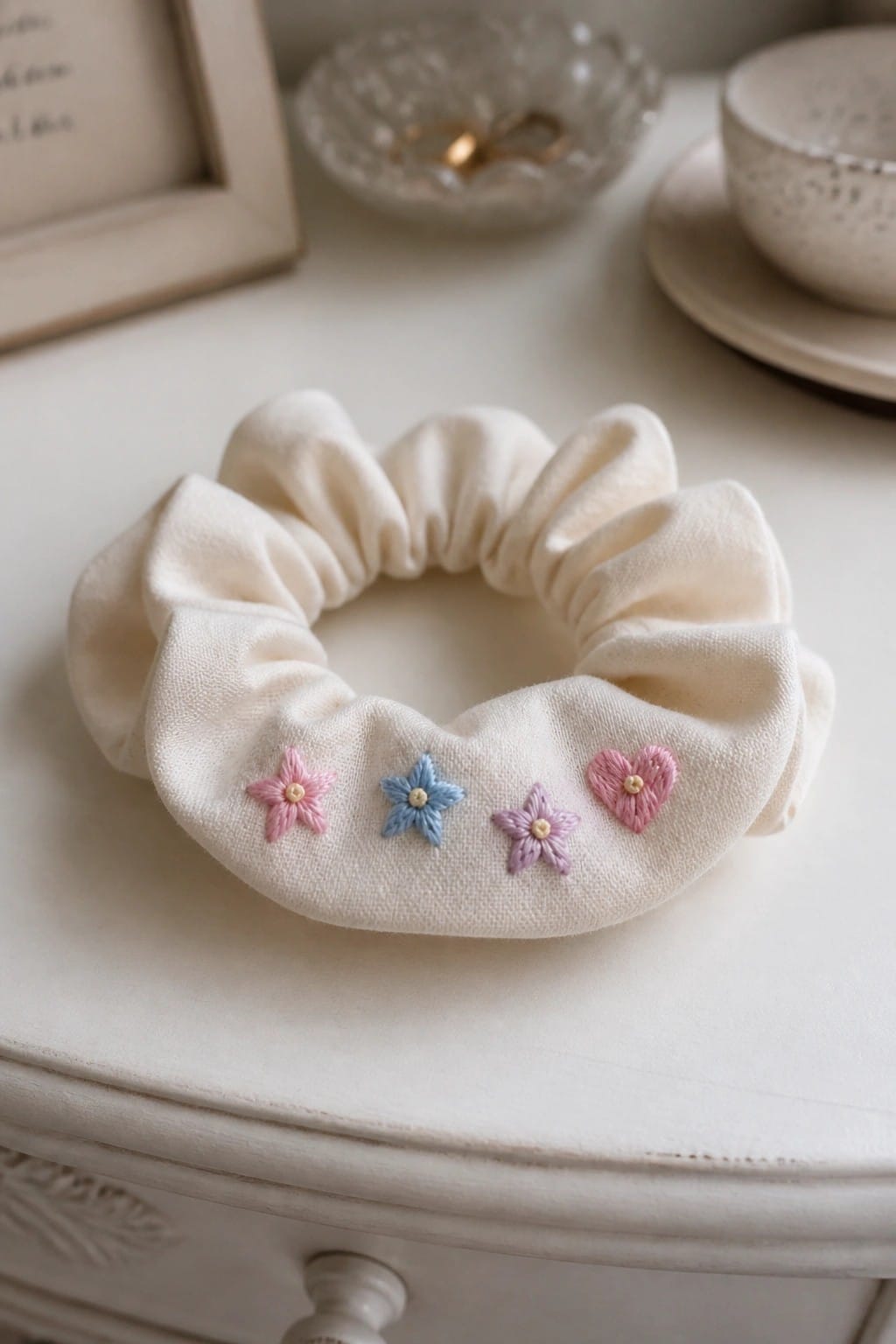 A cream scrunchie with four small embroidered motifs including pink, blue, and purple flowers plus a pink heart along the front edge.