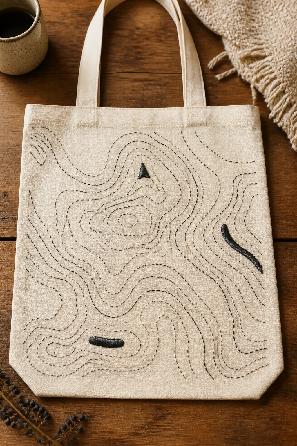 Canvas tote bag embroidered with black abstract contour lines and small solid shapes on a wooden table.